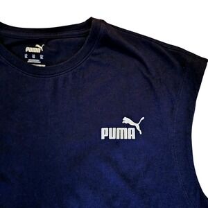 Puma Mens XL Navy Blue Sleeveless Muscle Tee Shirt Cotton Blend Logo Activewear